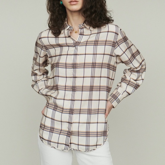 Maje Plaid Long Sleeve Button Down Shirt Blue Tan Size 3/Large - Picture 1 of 14